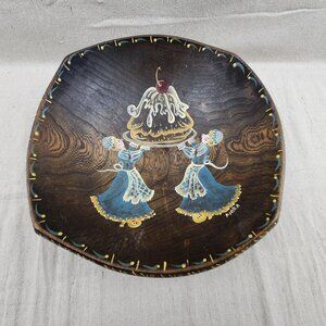 VTG Hand Painted Folk Art Wood Bowl Rustic Farmhouse Baker’s Pastry Kitchen 11"